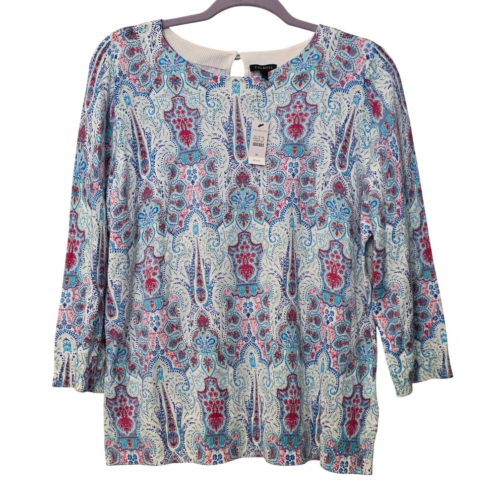 Talbots Womens XL Paisley Print 3/4‎ Sleeve Keyhole Back Sweater Blue Pink Cream